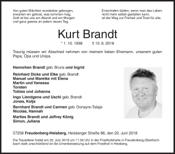 Traueranzeige von Kurt Brandt von Siegener Zeitung