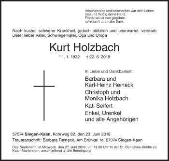 Traueranzeige von Kurt Holzbach von Siegener Zeitung