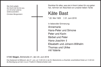 Traueranzeige von Käte Bast von Siegener Zeitung