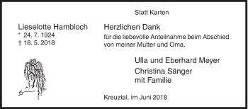 Traueranzeige von Lieselotte Hambloch von Siegener Zeitung