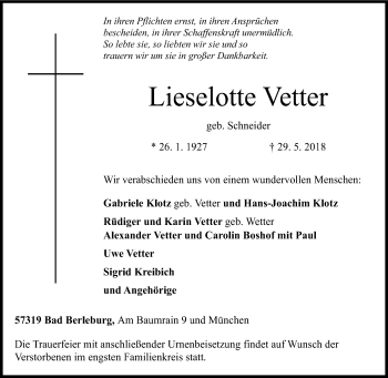 Traueranzeige von Lieselotte Vetter von Siegener Zeitung