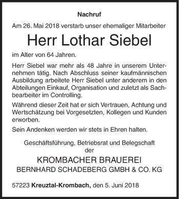 Traueranzeige von Lothar Siebel von Siegener Zeitung