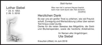 Traueranzeige von Lothar Siebel von Siegener Zeitung