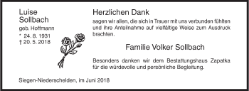 Traueranzeige von Luise Sollbach von Siegener Zeitung