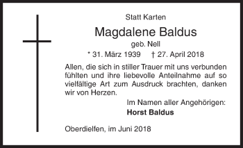 Traueranzeige von Magdalene Baldus von Siegener Zeitung