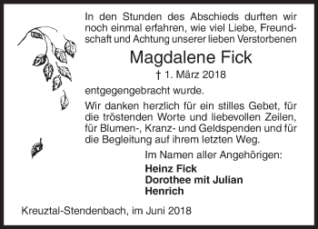 Traueranzeige von Magdalene Fick von Siegener Zeitung
