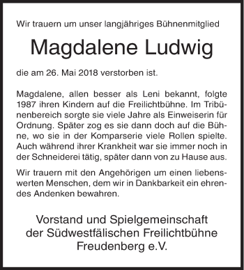 Traueranzeige von Magdalene Ludwig von Siegener Zeitung