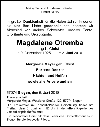 Traueranzeige von Magdalene Otremba von Siegener Zeitung