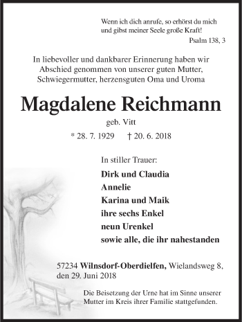 Traueranzeige von Magdalene Reichmann von Siegener Zeitung