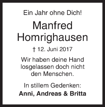 Traueranzeige von Manfred Homrighausen von Siegener Zeitung