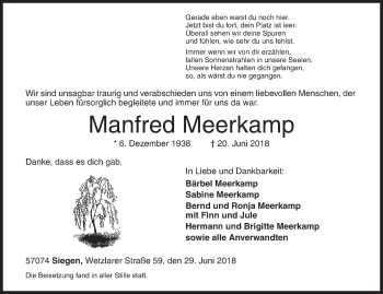 Traueranzeige von Manfred Meerkamp von Siegener Zeitung
