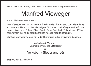 Traueranzeige von Manfred Vieweger von Siegener Zeitung