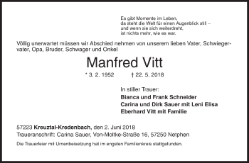 Traueranzeige von Manfred Vitt von Siegener Zeitung