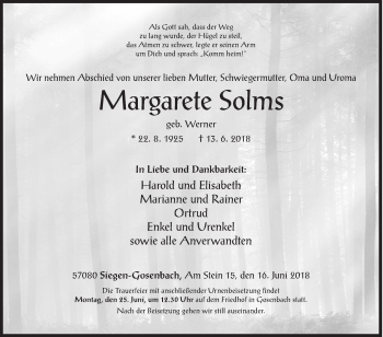 Traueranzeige von Margarete Solms von Siegener Zeitung