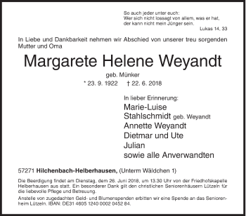 Traueranzeige von Margarete Helene Weyandt von Siegener Zeitung