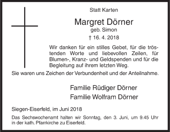 Traueranzeige von Margret Dörner von Siegener Zeitung