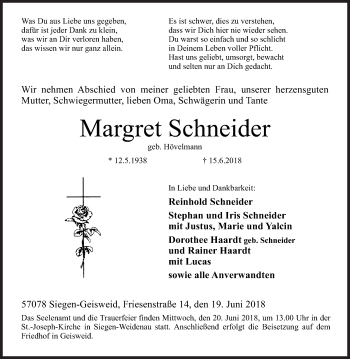 Traueranzeige von Margret Schneider von Siegener Zeitung