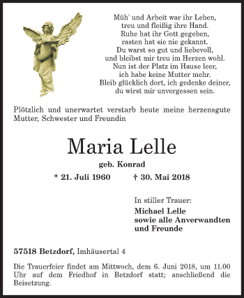 Traueranzeige von Maria Lelle von Siegener Zeitung