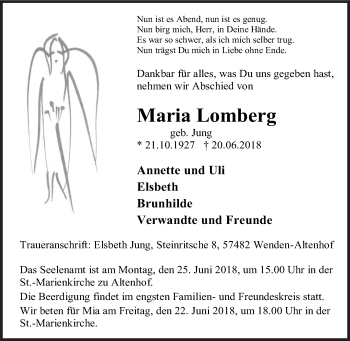 Traueranzeige von Maria Lomberg von Siegener Zeitung