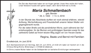 Traueranzeige von Maria Schmallenbach von Siegener Zeitung