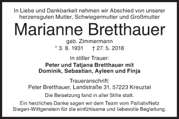 Traueranzeige von Marianne Bretthauer von Siegener Zeitung