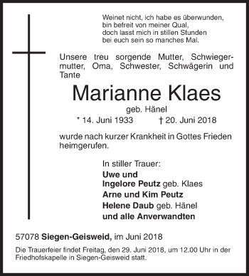 Traueranzeige von Marianne Klaes von Siegener Zeitung