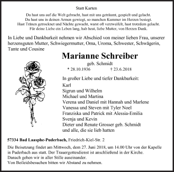 Traueranzeige von Marianne Schreiber von Siegener Zeitung
