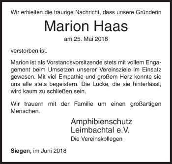 Traueranzeige von Marion Haas von Siegener Zeitung