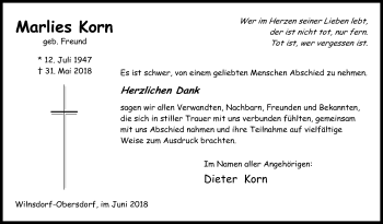 Traueranzeige von Marlies Korn von Siegener Zeitung