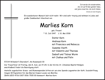 Traueranzeige von Marlies Korn von Siegener Zeitung