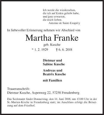 Traueranzeige von Martha Franke von Siegener Zeitung