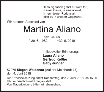 Traueranzeige von Martina Aliano von Siegener Zeitung