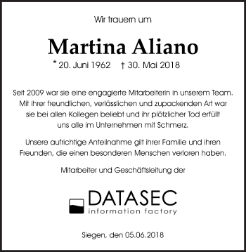 Traueranzeige von Martina Aliano von Siegener Zeitung