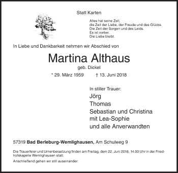 Traueranzeige von Martina Althaus von Siegener Zeitung