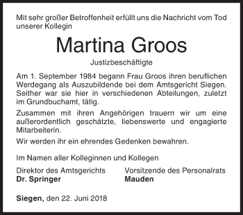 Traueranzeige von Martina Groos von Siegener Zeitung