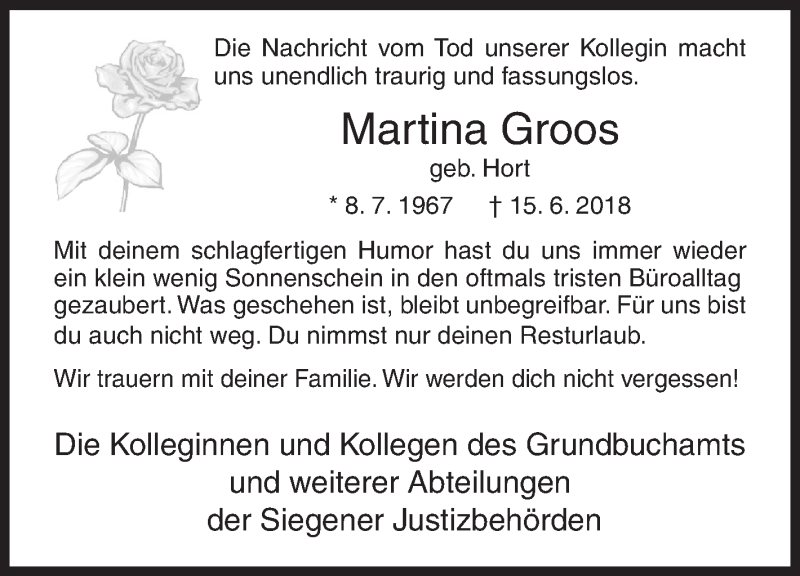  Traueranzeige für Martina Groos vom 20.06.2018 aus Siegener Zeitung