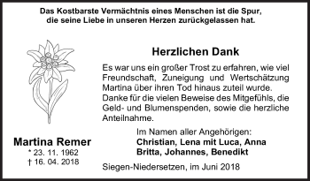Traueranzeige von Martina Remer von Siegener Zeitung