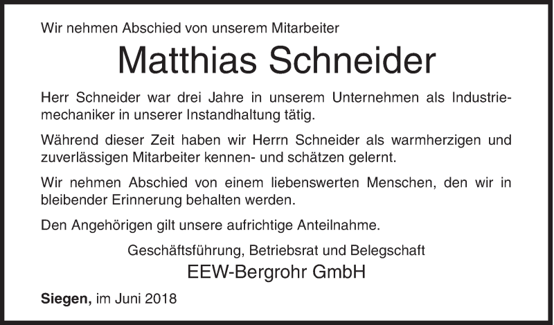  Traueranzeige für Matthias Schneider vom 06.06.2018 aus Siegener Zeitung