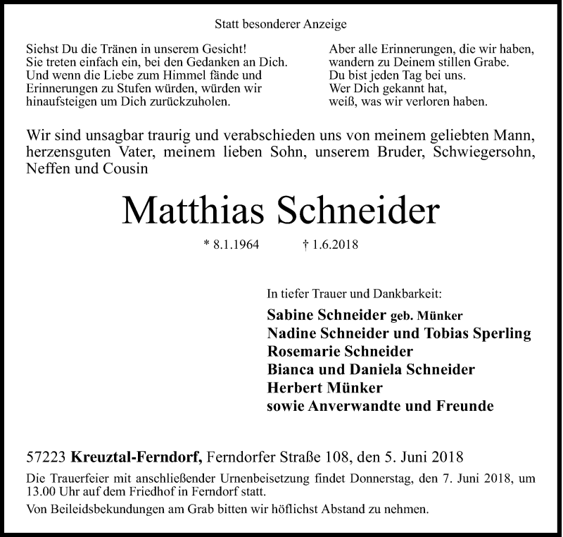  Traueranzeige für Matthias Schneider vom 05.06.2018 aus Siegener Zeitung