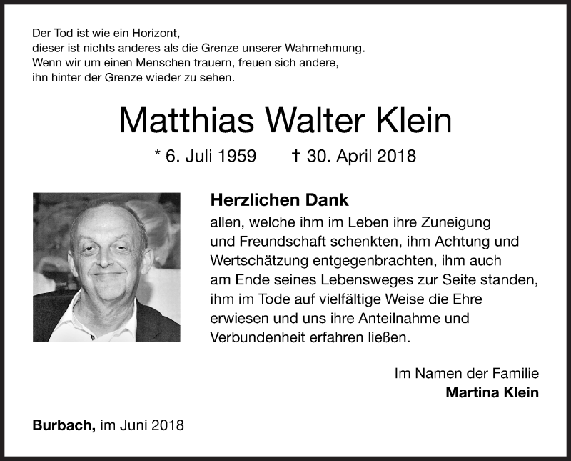  Traueranzeige für Matthias Walter Klein vom 09.06.2018 aus Siegener Zeitung