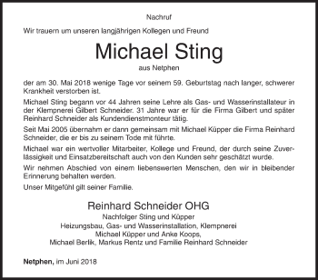 Traueranzeige von Michael Sting von Siegener Zeitung