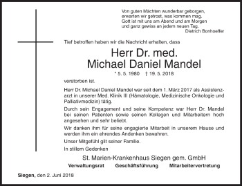 Traueranzeige von Michael Daniel Mandel von Siegener Zeitung