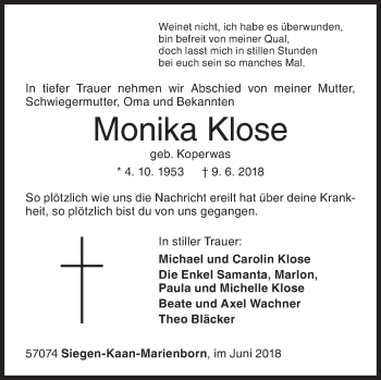 Traueranzeige von Monika Klose von Siegener Zeitung