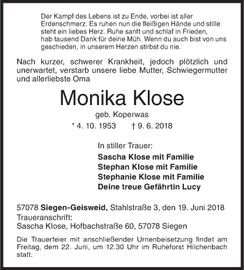 Traueranzeige von Monika Klose von Siegener Zeitung