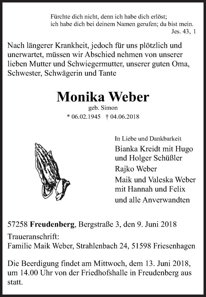  Traueranzeige für Monika Weber vom 09.06.2018 aus Siegener Zeitung