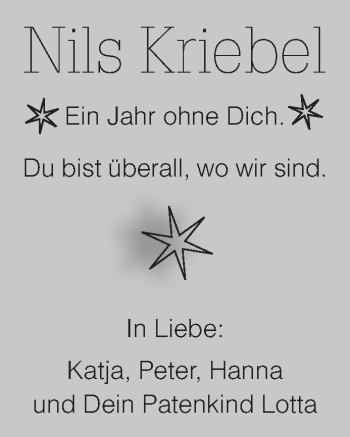 Traueranzeige von Nils Kriebel von Siegener Zeitung