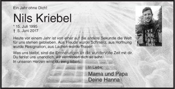 Traueranzeige von Nils Kriebel von Siegener Zeitung