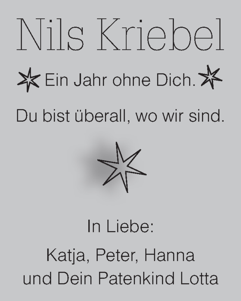  Traueranzeige für Nils Kriebel vom 05.06.2018 aus Siegener Zeitung