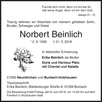 Traueranzeige von Norbert Beinlich von Siegener Zeitung