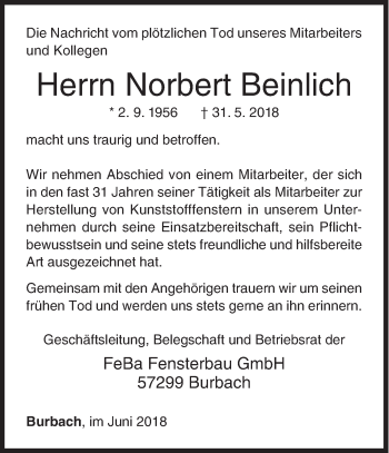 Traueranzeige von Norbert Beinlich von Siegener Zeitung